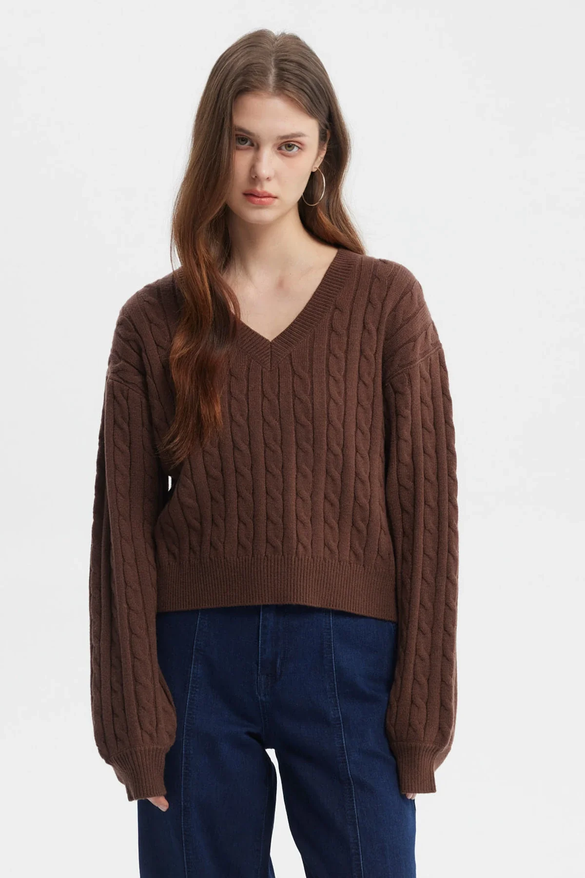 Sweater Mujer Cuello V Lisos Café Oscuro