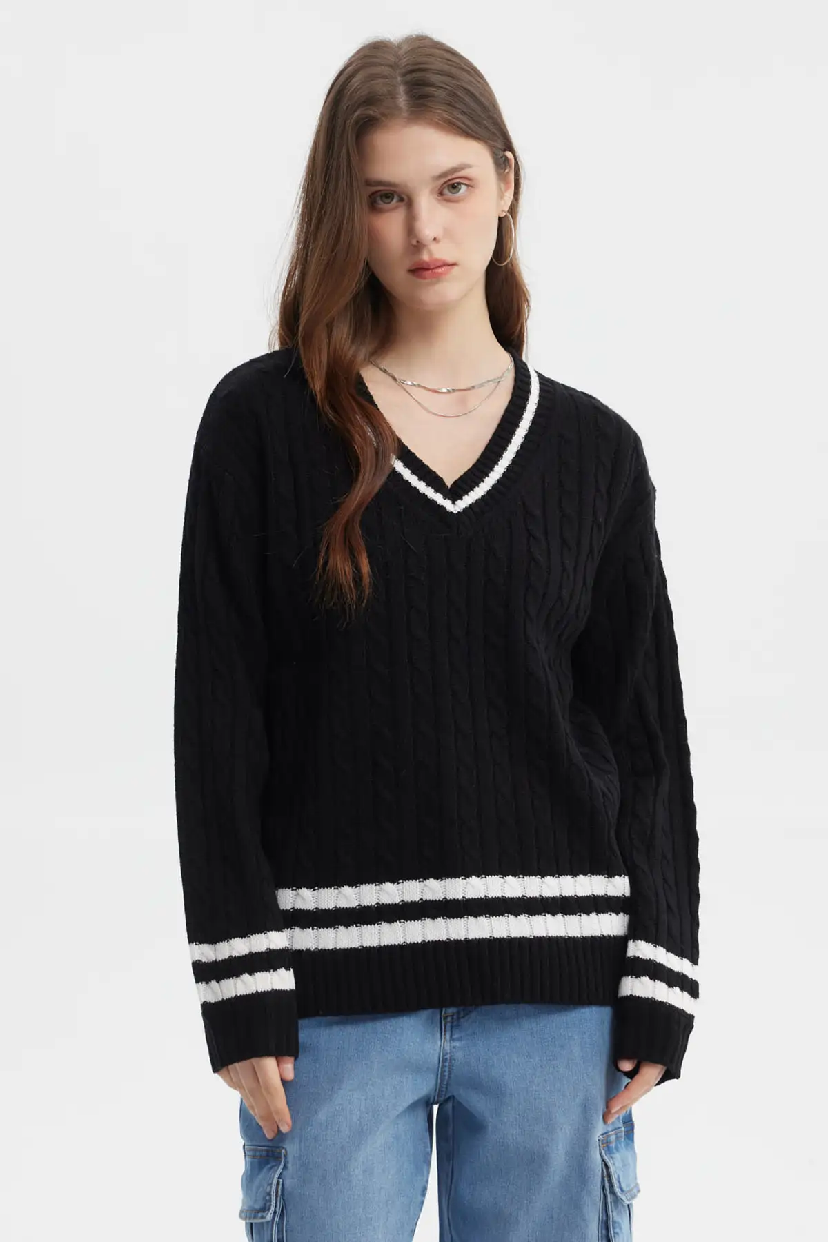 Sweater Mujer Cuello V Rayas Negro
