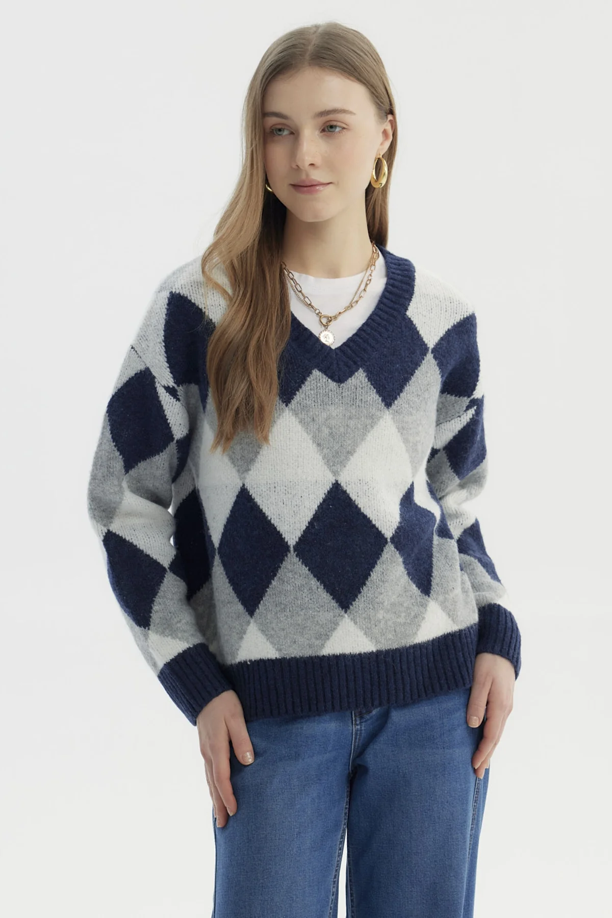 Sweater Mujer Slim Cuello V Gris