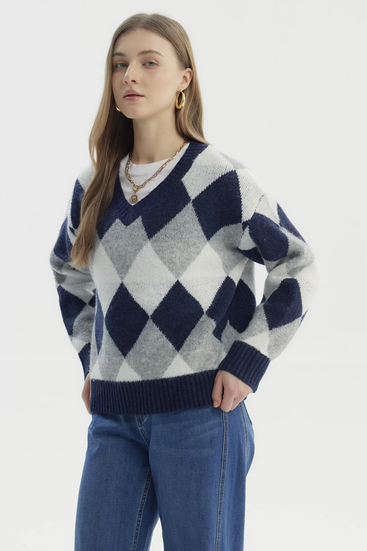 Sweater Mujer Slim Cuello V Gris - Image 2