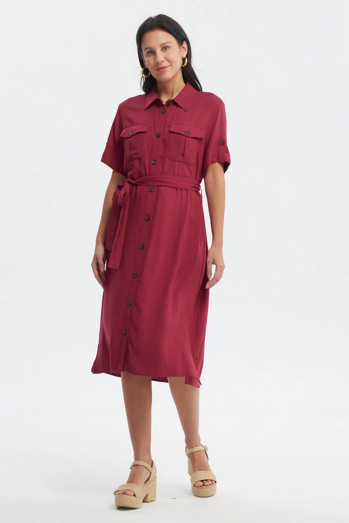 Vestido Mujer Camisero Con Cinturón Rojo - Image 4