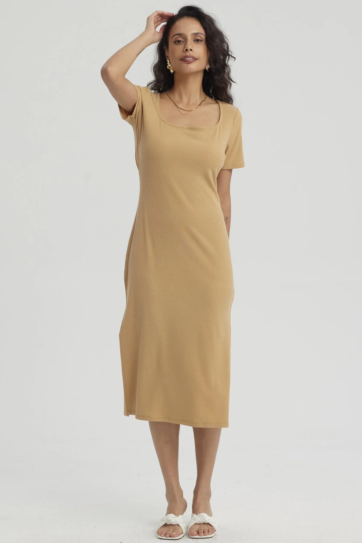 Vestido Mujer Largo Escote Cuadrado Camel
