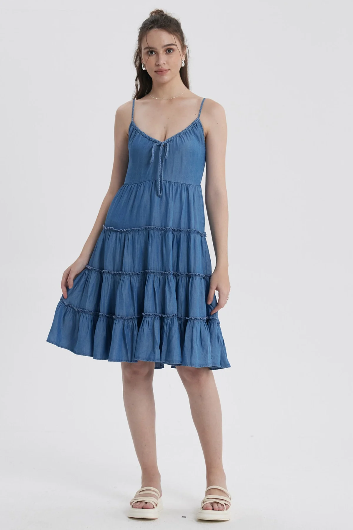 Vestido Mujer Pabilo Volantes Azul Claro